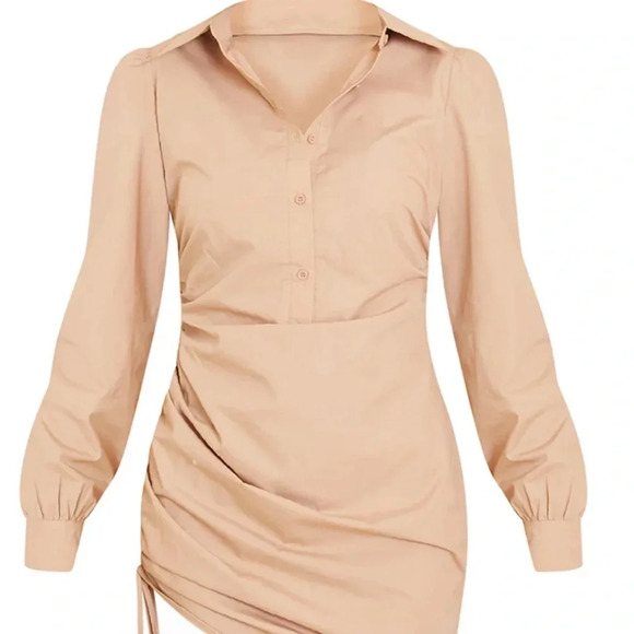 NWT Pretty Little Thing tan (stone) size 4 ruched side fitted shirt dress - Picture 1 of 8